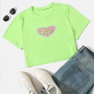 SHEIN Neon Green 'Trouble' Heart Tee